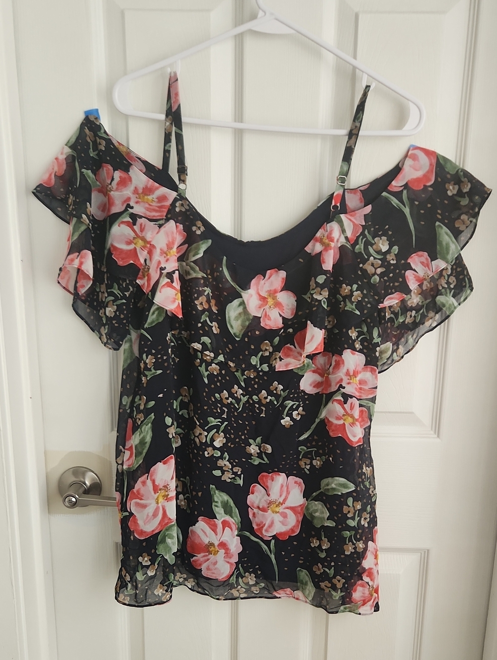 CAbi Black Floral Off-Shoulder Camisole with Pink Blooms